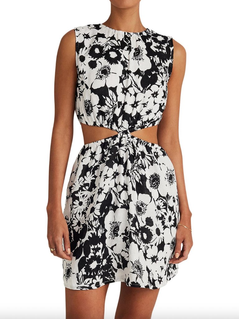 $229 Faithfull The Brand Black White Floral La Pineta Cut-Out Mini Dress Small